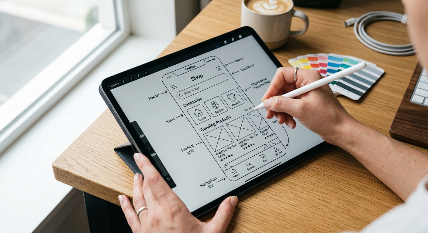 מעצבת UI/UX משרטטת וויירפריים (wireframe) לאפליקציית איקומרס על גבי טאבלט באמצעות עט דיגיטלי.